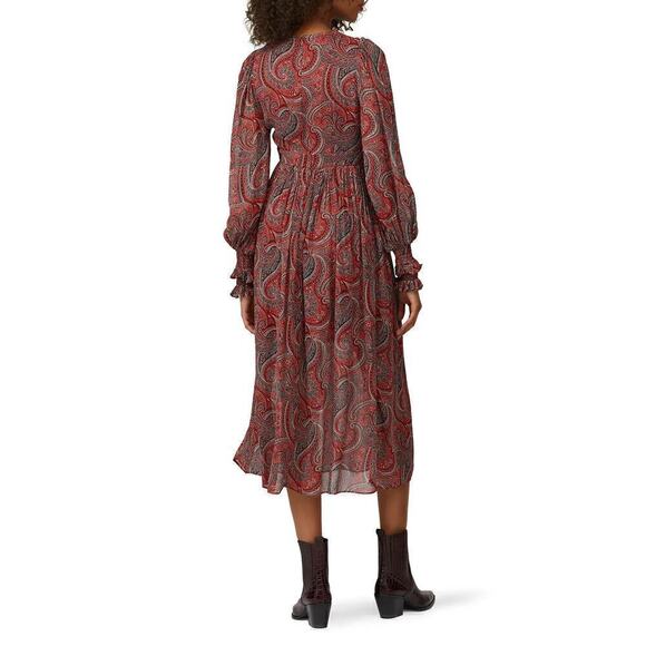 Thurley Golders Dress Paisley Boho Long Balloon Sleeve V-Neck A-Line Midi Red 4 - Picture 3 of 13